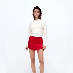 Zara red mini skirt satin effect curved hem high waist size small